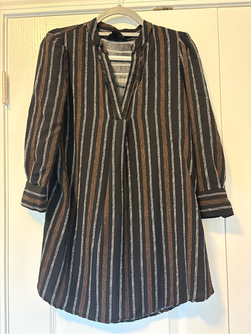 Sweet Wanderer Black Tunic with Brown and Cream Stripes and V-Neck
